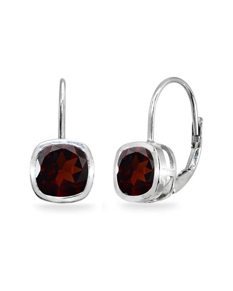 Sterling Silver Genuine or Synthetic Gemstone 6x6mm Cushion Bezel-Set Dainty Drop Leverback Earrings for Women Girls Garnet $...