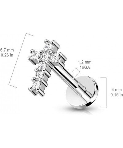 16G Stainless Steel Internally Threaded CZ Crystal Paved Cross Top Flat Back Labret Monroe Lip Cartilage Helix Ear Lobe Stud ...