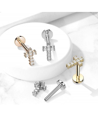 16G Stainless Steel Internally Threaded CZ Crystal Paved Cross Top Flat Back Labret Monroe Lip Cartilage Helix Ear Lobe Stud ...