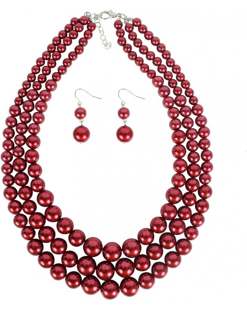 Layered Pearl Necklaces Earrings Set Red Statement Big Pearl Earrings Retro Beaded Necklace for Christmas Gifts Wine Red $9.1...