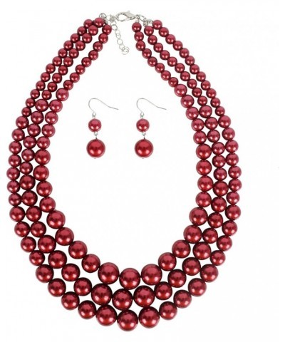 Layered Pearl Necklaces Earrings Set Red Statement Big Pearl Earrings Retro Beaded Necklace for Christmas Gifts Wine Red $9.1...