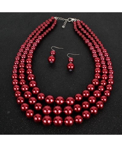 Layered Pearl Necklaces Earrings Set Red Statement Big Pearl Earrings Retro Beaded Necklace for Christmas Gifts Wine Red $9.1...