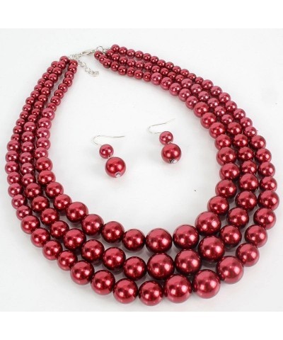 Layered Pearl Necklaces Earrings Set Red Statement Big Pearl Earrings Retro Beaded Necklace for Christmas Gifts Wine Red $9.1...