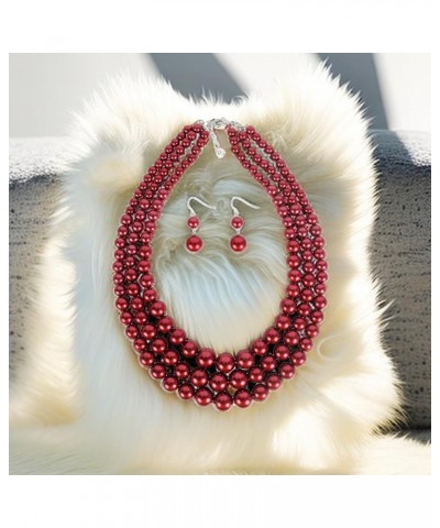 Layered Pearl Necklaces Earrings Set Red Statement Big Pearl Earrings Retro Beaded Necklace for Christmas Gifts Wine Red $9.1...