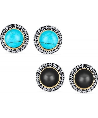 Balinese Button Style Two Tone Simulated Pearl Black Onyx Turquoise Dome Clip On Earrings For Women Non Pierced Oxidized Silv...