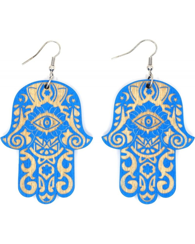 Teri's Boutique Hamsa Hand of Fatima Evil Eye Colorful Wood Natural Dangle Fashion Earrings Blue $7.70 Earrings