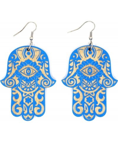 Teri's Boutique Hamsa Hand of Fatima Evil Eye Colorful Wood Natural Dangle Fashion Earrings Blue $7.70 Earrings