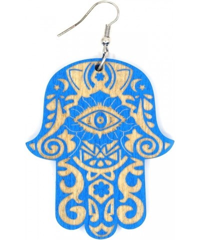 Teri's Boutique Hamsa Hand of Fatima Evil Eye Colorful Wood Natural Dangle Fashion Earrings Blue $7.70 Earrings