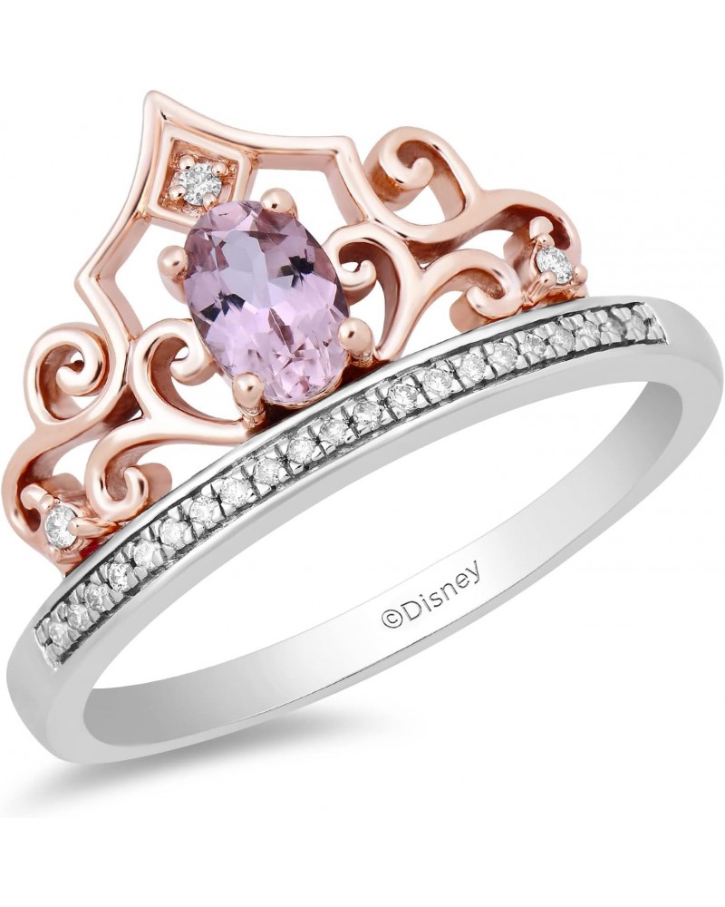 Enchanted Disney Fine Jewelry Sterling Silver and 10K Rose Gold 1/10 Cttw Natural White Round Diamond and Pink Tourmaline Aur...