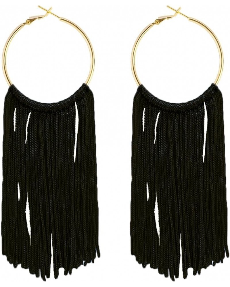 Boho Long Tassel Dangle Earrings for Women Lightweight Circle Hoop Silky Thread Fringe Drop Statemen Earrings black $4.78 Ear...