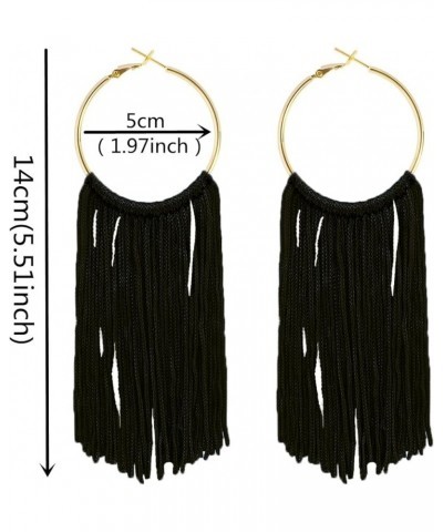 Boho Long Tassel Dangle Earrings for Women Lightweight Circle Hoop Silky Thread Fringe Drop Statemen Earrings black $4.78 Ear...