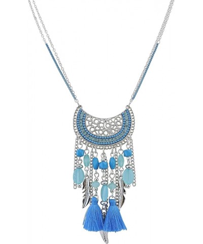 2 Layers Chain Beaded Tassels Charm Pendant Long Statement Necklace for Women (N0012) N0012-Light Blue $8.99 Necklaces