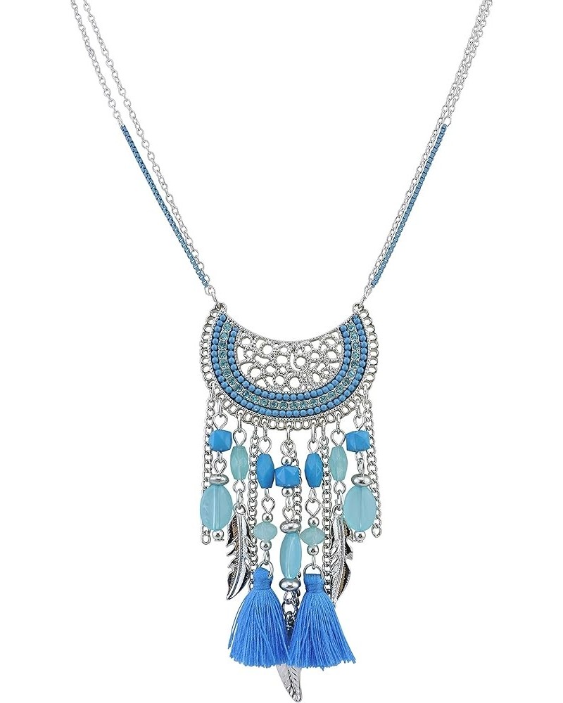 2 Layers Chain Beaded Tassels Charm Pendant Long Statement Necklace for Women (N0012) N0012-Light Blue $8.99 Necklaces