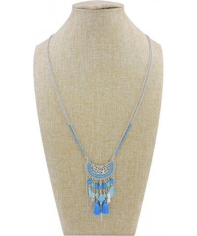 2 Layers Chain Beaded Tassels Charm Pendant Long Statement Necklace for Women (N0012) N0012-Light Blue $8.99 Necklaces