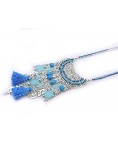 2 Layers Chain Beaded Tassels Charm Pendant Long Statement Necklace for Women (N0012) N0012-Light Blue $8.99 Necklaces