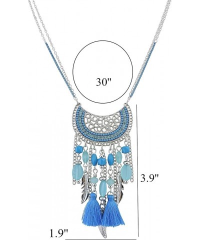 2 Layers Chain Beaded Tassels Charm Pendant Long Statement Necklace for Women (N0012) N0012-Light Blue $8.99 Necklaces