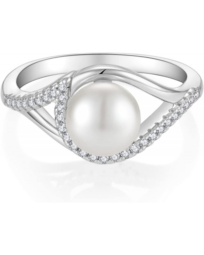 Pearl Rings for Women Sterling Silver,7mm Pearl Cubic Zirconia Rings Band Engagement Rings for Women size 5-10 8mm pearl-styl...