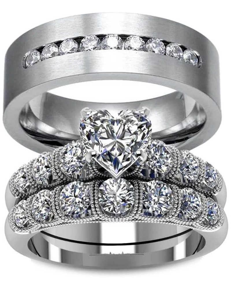 Couple Ring Bridal Set His Hers White Gold Plated White CZ Stainless Steel Wedding Ring Band Set $15.38 Sets