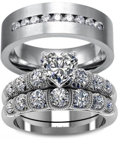 Couple Ring Bridal Set His Hers White Gold Plated White CZ Stainless Steel Wedding Ring Band Set $15.38 Sets