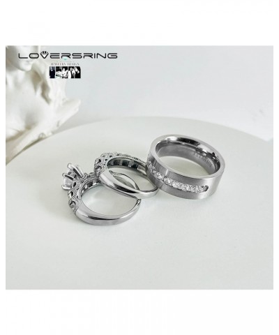 Couple Ring Bridal Set His Hers White Gold Plated White CZ Stainless Steel Wedding Ring Band Set $15.38 Sets