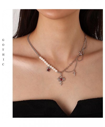 Chicomfy Fashionable INS Luxury Style Choker Necklace for Women Gothic Blood Red Zircon Star Cross Necklace $16.49 Necklaces