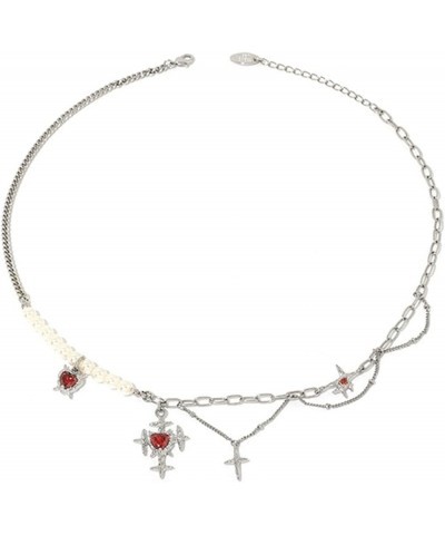 Chicomfy Fashionable INS Luxury Style Choker Necklace for Women Gothic Blood Red Zircon Star Cross Necklace $16.49 Necklaces