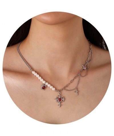 Chicomfy Fashionable INS Luxury Style Choker Necklace for Women Gothic Blood Red Zircon Star Cross Necklace $16.49 Necklaces