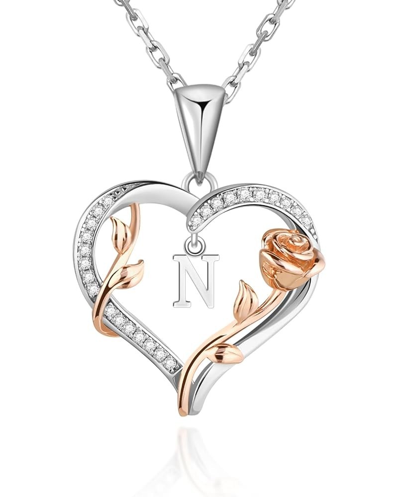 Heart Rose Initial Necklace,18K Gold Plated S925 Sterling Silver Letter Pendant Necklaces with Cubic Zirconia Set in,Unique A...