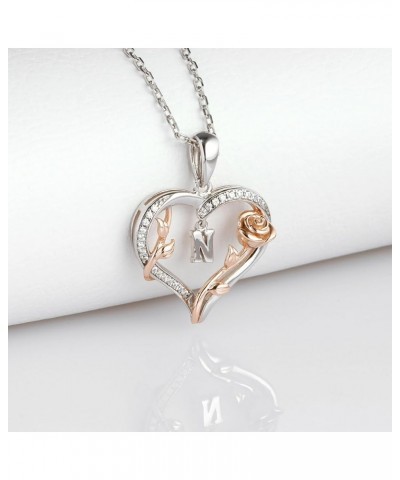 Heart Rose Initial Necklace,18K Gold Plated S925 Sterling Silver Letter Pendant Necklaces with Cubic Zirconia Set in,Unique A...