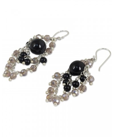 Handmade .925 Sterling Silver Onyx Chandelier Earrings Style with Glass Beads Brass Plated Black Dangle Beaded Thailand Birth...