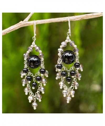 Handmade .925 Sterling Silver Onyx Chandelier Earrings Style with Glass Beads Brass Plated Black Dangle Beaded Thailand Birth...