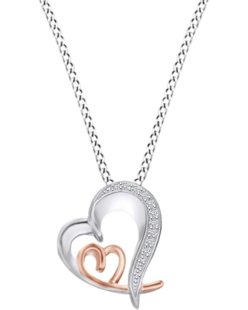 White Natural Diamond Heart Pendant Necklace for women in 925 Sterling Silver and 10K Rose Gold Double Heart 2 rose-gold-and-...