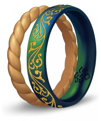 2-Pack Set of Filigree, Floral, or Laurel Leaf Silicone Ring, with Gold Thin Stackable Ring - Gold Inlay Engraved Silicone We...