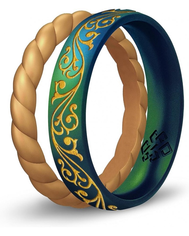 2-Pack Set of Filigree, Floral, or Laurel Leaf Silicone Ring, with Gold Thin Stackable Ring - Gold Inlay Engraved Silicone We...