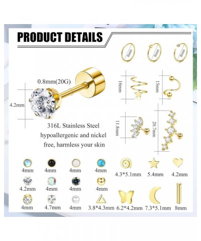 Surgical Steel Flat Back Stud Earrings for Women Men Hypoallergenic Cartilage Earrings Stud Hoops CZ Star Moon Heart Screw Ba...