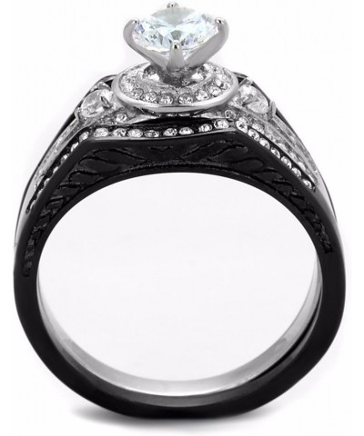 His Hers 4 PCs Womens Black Stainless Steel Round CZ Wedding Engagement Ring Set Mens Bezel Set CZ Wedding Band Size Women's ...