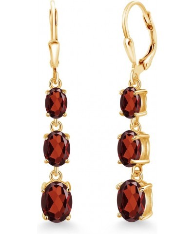 18K Yellow Gold Plated Silver Red Garnet 3 Stone Dangle Earrings For Women (6.14 Cttw, Gemstone January Birthstone, Oval 8X6M...