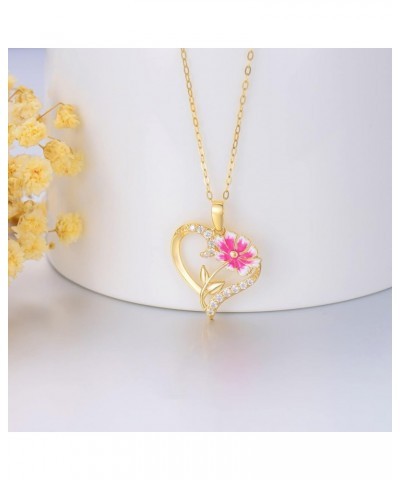 14K Real Gold Birth Flower Necklace for Women,Yellow Gold Created Moissanite Heart Pendant Orchid/Lotus Necklaces,Dainty Birt...