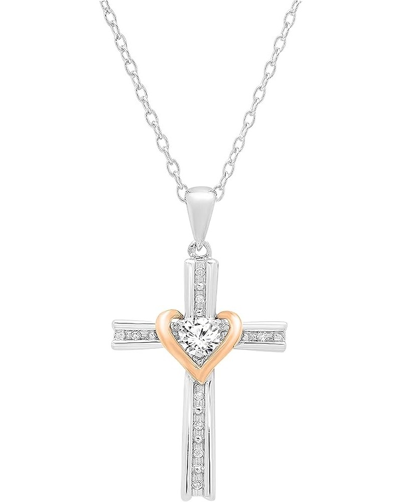 4 mm Round Gemstone & White Diamond Ladies Heart Love Cross Religious Pendant (Gold Chain Included), Available in Various Met...