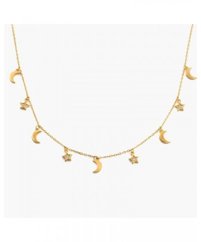 Oak&Luna - Moon & Star Shape Dangle Charms Choker Necklace - 18K Gold Plated Sterling Silver 925 / Dainty Jewelry For Her, Wo...