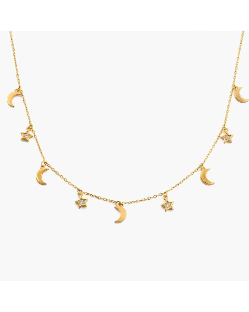 Oak&Luna - Moon & Star Shape Dangle Charms Choker Necklace - 18K Gold Plated Sterling Silver 925 / Dainty Jewelry For Her, Wo...