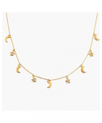 Oak&Luna - Moon & Star Shape Dangle Charms Choker Necklace - 18K Gold Plated Sterling Silver 925 / Dainty Jewelry For Her, Wo...