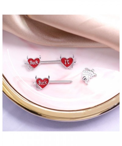 Cum Here Nipple Ring 14G 316LSurgical Steel Nipple Barbell Heart Shape Devil Body Piercing Jewelry for Women Men…… Style I $8...