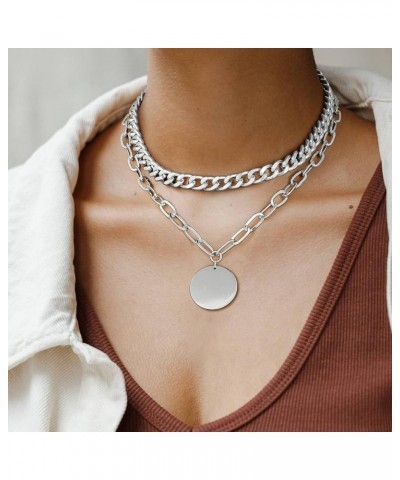 Silver Layered Chain Necklace Women: 14K Gold Plated Double Adjustable Paperclip Cuban Link Simple Disc Coin Pendant Choker -...