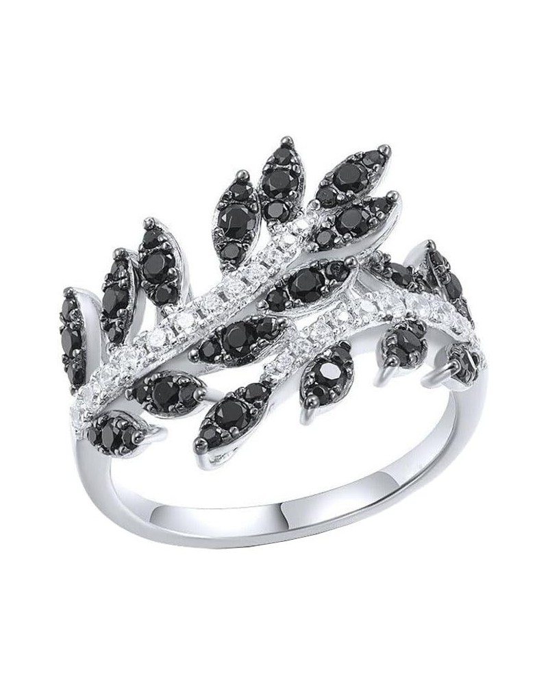 1.2 Ct Round Cut Black & White Daimonds Leaf Design Wedding Engagement Ring for Women in 925 Sterling Silver White Gold Finis...