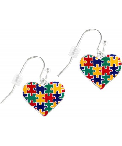 | Autism Awareness Colored Puzzle Piece Filled Heart Shaped Earrings – Bulk Autism/Asperger's Hanging Heart Earrings for Fund...