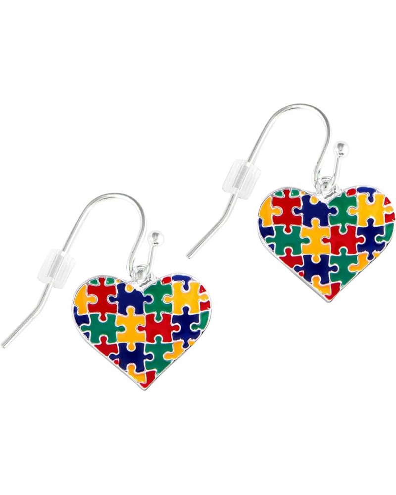 | Autism Awareness Colored Puzzle Piece Filled Heart Shaped Earrings – Bulk Autism/Asperger's Hanging Heart Earrings for Fund...