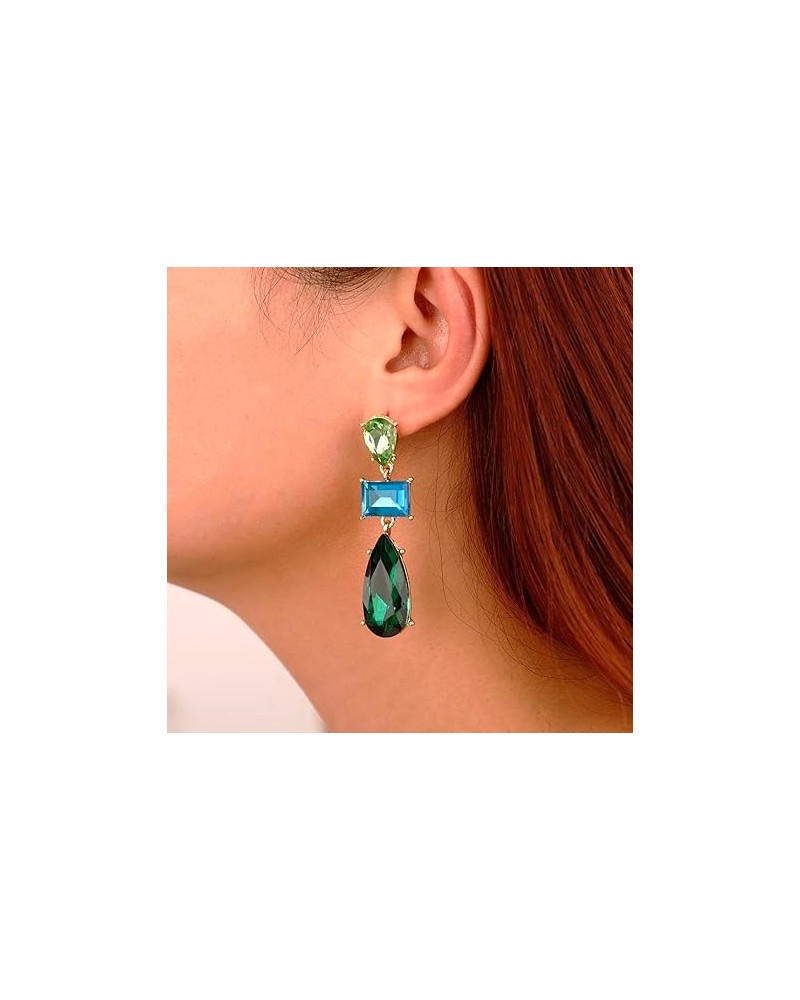 Emerald Rhinestone Crystal Rectangle Teardrop Earrings Multicolor Dangle Drop Earrings Crystal Earrings for Women Girls Hallo...