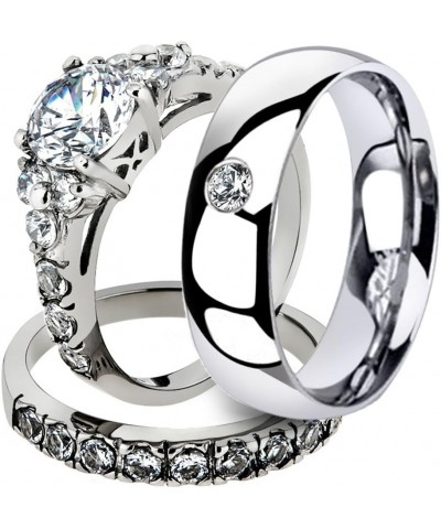 His and Her 3 Piece Stainless Steel 2.50 Carat Cubic Zirconia Bridal Set and Men's Wedding Band Women's Size 10 Men's Size 07...