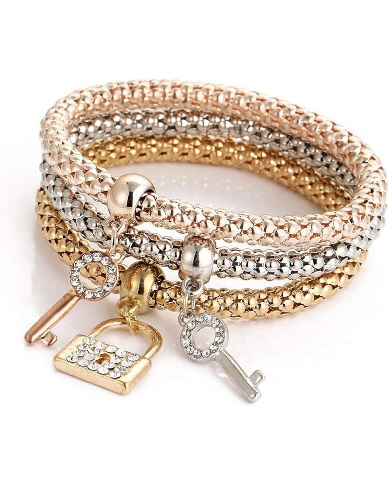 3PCS/SET Corn Chain Bracelet Crystal Gold/Silver/Rose Gold Multilayer Butterfly Heart Crown Charms Stretch Bracelet for Women...